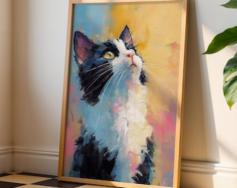 Impresión impresionista de gato en blanco y negro – Retrato moderno de mascota