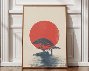 Japanese Bonsai Tree Print – Red Sun & Torii Gate, Zen Wall Art