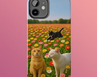 Playful Cats in Daisy Field Tough Phone Case, Cat Lover Nature Design