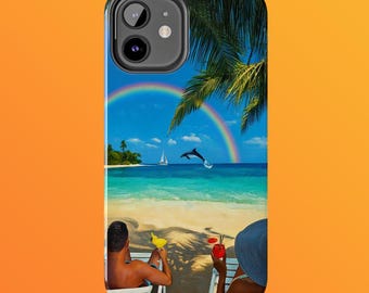 Tropical Beach Tough Phone Case for Island Paradise Lovers, Relaxation Image in Painting Style