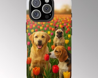 Dog Lover Phone Case, Different Dog Breeds in a Flower Field, Colorful Tulips Sunset Design, Pet Owners Gift, for Animal Lovers,