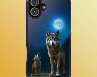 Wolves in the Forest at Night, Phone Case for Nature Lovers, Wolf and Cub, Wildlife in Full Moon