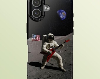 Astronaut Playing Electric Guitar on The Moon Phone Case, for space and NASA fans, funny and unique design