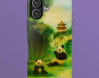 Panda Bears phone case, Chinese art bamboo forest and temple design, happy animal family