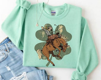 Gildan 18000 Western Lucky Cowboy Horse Sweatshirt, Western St Patricks Day Shirt, Lucky Horse Shirt, Irish Gifts, Cowboy Sweatshirt Gift