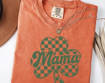 Comfort Colors St Patrick's Day Mama Shirt for Women, Shamrock Plaid Graphic Tee, Irish Clover Mom Gift, Green Lucky T-Shirt Outfit