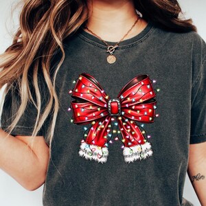 Comfort Colors® Christmas Bow Shirt, Santa Red Ribbon Lights Tee, Festive Holiday Bow Graphic Christmas T-Shirt for Women, Xmas Gift