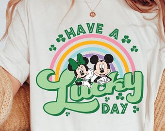 Comfort Colors Mickey Minnie Lucky Shirt, Retro St Patrick’s Day Disney Tee, Cute Clover Rainbow Vintage Graphic Top, For Gift