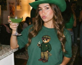 Comfort ColorsY2K St Patricks Day Bear Crop Top, Retro Irish 90s Baby Tee, Womens St Pattys Day Shirt, Lucky Girl Irish Shirt, Shamrock Bar