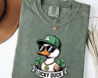 Comfort Colors® Lucky Duck Shirt, St Patricks Day Duck Tee, Funny Irish Lucky Graphic Shirt, Retro Green Cozy Unisex T Shirt, Crewneck