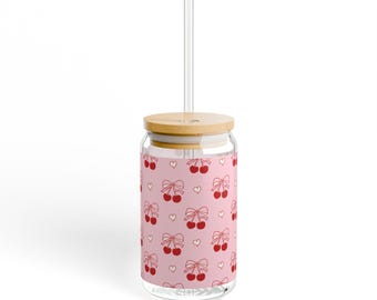 Cherry Sipper Glass, Pink Bows, 16oz Glass Cup