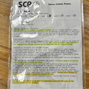 May include: A white document inside a clear plastic sleeve featuring the SCP Foundation logo and the text Secure. Contain. Protect. The document details SCP-008, a complex prion, with specific sections for containment procedures and symptoms.