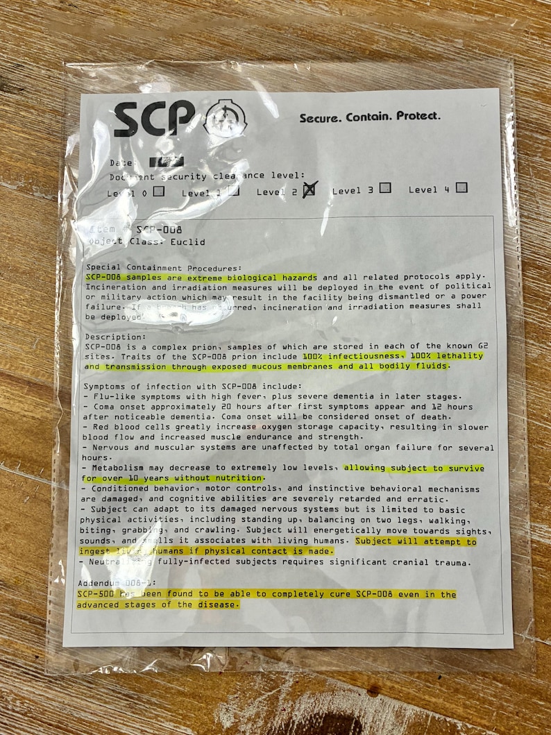 May include: A white document inside a clear plastic sleeve featuring the SCP Foundation logo and the text Secure. Contain. Protect. The document details SCP-008, a complex prion, with specific sections for containment procedures and symptoms.