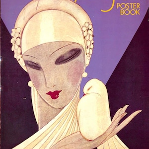 May include: Vintage art deco illustration of a woman with closed eyes, wearing a white headpiece and earrings. She holds a white dove. The image has a purple background with the words "Poster Book" in yellow.