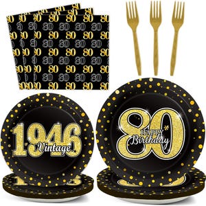 May include: Black and gold 80th birthday party supplies. Includes plates, napkins, and forks. The plates feature the number 80 with "Happy Birthday" and "Vintage 1946" text. Napkins have a repeating "80" pattern.