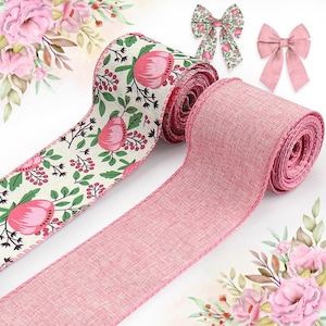 May include: Two rolls of wired ribbon, one featuring a cream background with a pink floral and green leaf pattern, and the other a solid dusty pink. Two decorative bows are included, one with the floral print and one in solid pink.