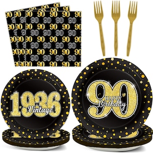 May include: A set of black and gold 90th birthday party supplies. Includes plates with "Happy Birthday" and "Vintage 1936" text, napkins with "90" pattern, and gold plastic forks. The plates have a black background with gold polka dots.