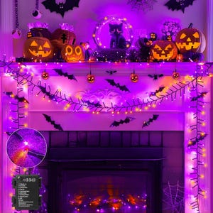 May include: A Halloween decoration set featuring a string of purple and orange LED lights with black bat silhouettes, illuminated jack-o'-lanterns, a cat-shaped light, and a battery-operated control box with multiple lighting modes.