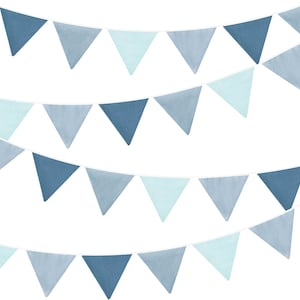 May include: A decorative bunting banner featuring three rows of triangular fabric flags in varying shades of blue, including light sky blue, medium blue, and dark navy blue, all suspended from a thin white string with small wooden beads at the ends.