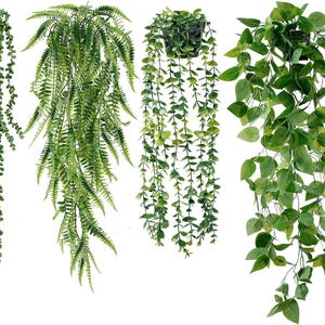 May include: A set of four artificial hanging plants in black pots, featuring a string of pearls, a lush green fern, a trailing eucalyptus vine, and a broad-leafed pothos plant, all displaying various shades of vibrant green foliage and textures.