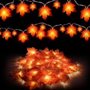 May include: A string of LED fairy lights featuring orange and yellow maple leaf-shaped covers. The lights are displayed in two horizontal rows against a black background, with a coiled pile of the same illuminated maple leaf lights at the bottom.