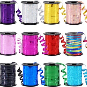 May include: A collection of twelve spools of curling ribbon in various colors and finishes, including solid metallic, holographic, and multi-colored striped patterns. Each spool features a black plastic core with a length of ribbon extending outward.
