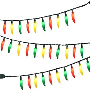 May include: A string of decorative holiday lights featuring translucent chili pepper-shaped covers in alternating red, green, and yellow colors. The lights are attached to a dark green electrical cord with a standard two-prong plug at one end.
