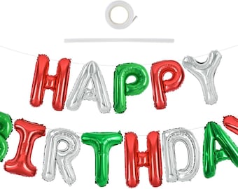 Rot, Grün & Silber alles Gute zum Geburtstag Ballon Banner, 16-Zoll Mylar Folie Zeichen für Kinder, Erwachsene, Weihnachten und Silvester Party Dekorationen