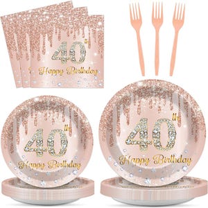 May include: A 40th birthday party set featuring rose gold glitter drip patterns on paper plates and napkins. The design includes the text 40th Happy Birthday in gold script and diamond-like numbers, accompanied by three rose gold plastic forks.