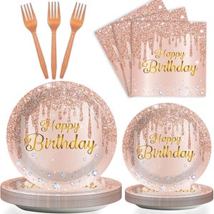 May include: A party supplies set featuring rose gold plates, napkins, and forks. The plates and napkins have a glittery design with the words "Happy Birthday" in gold. The forks are a matching rose gold color, perfect for a birthday celebration.