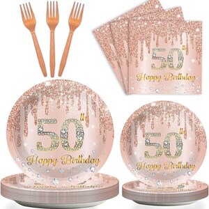 May include: A party supplies set with a rose gold theme, including plates, napkins, and forks. The plates and napkins feature the text "50th Happy Birthday" with a sparkling design. The forks are a copper color.