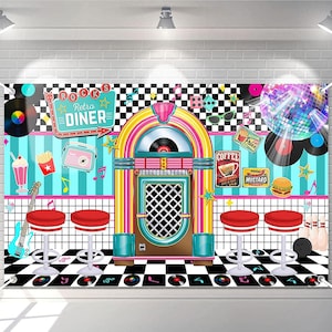May include: A retro diner backdrop featuring a jukebox, red stools, and musical notes. The design includes a checkered floor, a disco ball, and signs for coffee, fries, and burgers. The words "Retro Rocks Diner" are displayed.