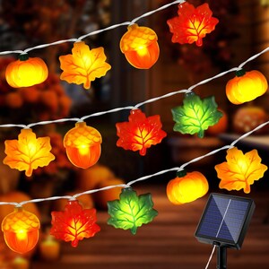 May include: A string of decorative LED lights featuring translucent shapes of pumpkins, acorns, and maple leaves in shades of orange, yellow, red, and green. The lights are connected by a white wire and include a black solar panel on a stake.