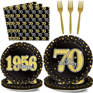 May include: Black and gold 70th birthday party supplies. Includes plates with "70 Happy Birthday" and "1956 Vintage" text, napkins with "70" pattern, and gold plastic forks. Perfect for a milestone celebration.