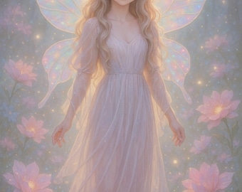 May include: A digital illustration of a fairy with long blonde hair, large iridescent wings, and a flowing pink dress. She stands in a field of pink flowers, with a soft, dreamy background.