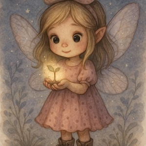 May include: A watercolor illustration of a fairy holding a glowing sprout. The fairy has blonde hair, large eyes, and wears a pink polka-dot dress, brown boots, and a bow. She has translucent wings and is set against a starry blue background.