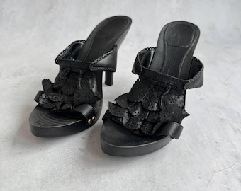 クリスチャン・ディオール ブラックレザー ラッフルヒール ミュール ヴィンテージ ランウェイスタイル EU 39 US 6