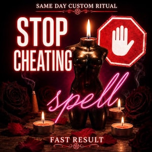 May include: A dark torso-shaped candle with a lit wick, surrounded by red roses, petals, and tea light candles. The text reads: SAME DAY CUSTOM RITUAL, STOP CHEATING, spell, and FAST RESULT. A red stop sign icon with a white hand symbol is visible.