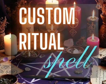 May include: A collection of candles in white, red, and dark gray, arranged on a purple circular mat featuring a white pentagram. The text reads SAME DAY CUSTOM RITUAL, CUSTOM RITUAL spell, and FAST RESULT. A black ritual knife lies across the mat.