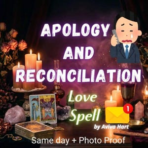 Könnte beinhalten: Ein Bild mit dem Text "APOLOGY AND RECONCILIATION Love Spell" über einem Tisch mit Kerzen, Tarotkarten und einem weinenden Cartoon-Mann am Telefon. Ein gelber Umschlag mit einer roten Benachrichtigung ist ebenfalls vorhanden.