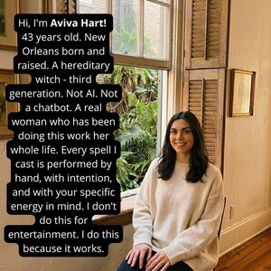 May include: A woman with long dark hair wearing a cream-colored sweater sits near a window. Text on the left reads: "Hi, I'm Aviva Hart! 43 years old... A hereditary witch... I don't do this for entertainment. I do this because it works."