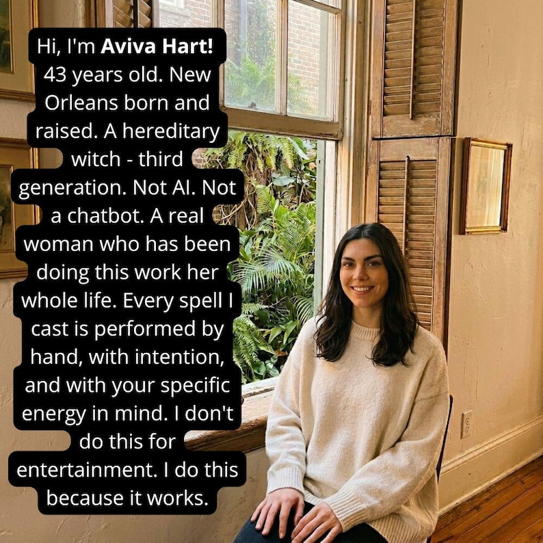 May include: A woman with long dark hair wearing a cream-colored sweater sits near a window. Text on the left reads: "Hi, I'm Aviva Hart! 43 years old... A hereditary witch... I don't do this for entertainment. I do this because it works."