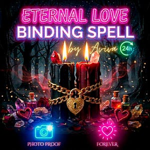 May include: An image featuring the text "Eternal Love Binding Spell by Aviva". Two lit candles, one black and one red, are linked by a gold chain and heart-shaped lock. The image includes potion bottles, crystals, and the words "Photo Proof" and "Forever".