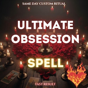 May include: A dark wooden surface covered in red rose petals arranged in a heart shape, surrounded by numerous lit red candles in black holders and tarot cards. The text reads SAME DAY CUSTOM RITUAL, ULTIMATE OBSESSION SPELL, and FAST RESULT.