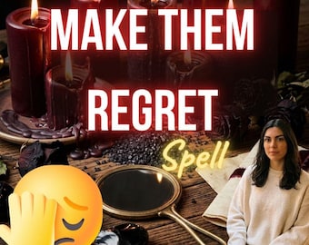 May include: A collection of dark red pillar candles, a round hand mirror with a gold frame, black crystals, and dried flowers on a wooden surface. The text reads: Photo Proof, MAKE THEM REGRET Spell, and Aviva Hart- Real Caster. Not AI!