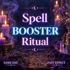 May include: A digital graphic with the text Spell BOOSTER Ritual, surrounded by purple candles, smoke, dried flowers, and a pentagram symbol. The image features glowing blue and purple light, clear crystals, and the text SAME DAY FAST EFFECT.