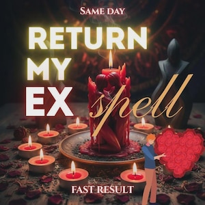 May include: A red candle shaped like two figures embracing, placed on a plate surrounded by multiple small lit tea light candles and scattered red rose petals. The text reads SAME DAY RETURN MY EX spell FAST RESULT with a cartoon figure holding a heart.