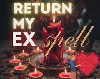 Puede incluir: Una vela roja con forma de dos figuras abrazadas sobre un plato, rodeada de varias velas pequeñas encendidas y pétalos de rosa rojos esparcidos. El texto dice SAME DAY RETURN MY EX spell FAST RESULT junto a una figura de dibujos animados.