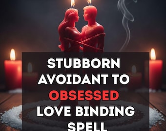 Può includere: Due candele di cera rossa a forma di figure umane sono unite da cordini di cera rossa. Il testo recita: SAME DAY CUSTOM RITUAL, STUBBORN AVOIDANT TO OBSESSED LOVE BINDING SPELL, FAST RESULT. Altre candele rosse brillano sullo sfondo.
