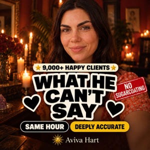 May include: A person with dark hair wearing a floral top, overlaid with text reading 9,000+ HAPPY CLIENTS, WHAT HE CAN'T SAY, NO SUGARCOATING, SAME HOUR, DEEPLY ACCURATE, and Aviva Hart, set against a background of lit candles and red flowers.